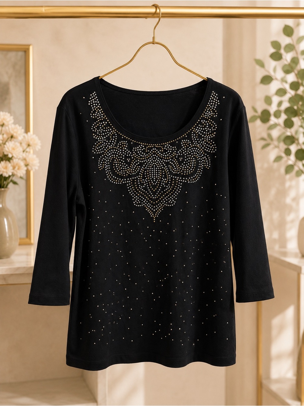Karen Scott Black Rhinestone Embellished 3/4 Sleeve Top Size L NWT